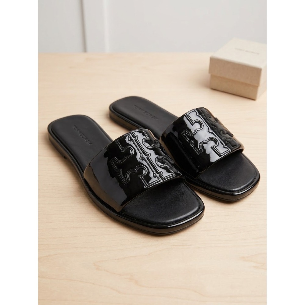 Tory Burch Black Patent Leather Ines Slide Sandals Square Toe 9M